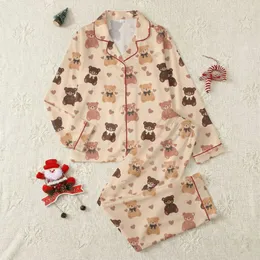 Women's Warm Beige Illustrative Chocolate & Caramel Bears with Bows & Rose Hearts Seamless Pattern Satin Pajamas Set