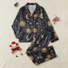 Women's Whimsical Navy Gold Folk Art Celestial Sun Moon Star Cloud Constellation Pattern Satin Pajamas Set