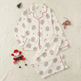 Women's Pale Cream Scattered Cute Cupcake & Heart Pattern with Pink Frosting & Blue Wrappers Satin Pajamas Set