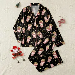 Movie Night Lovers' Playful Red White Striped Popcorn Boxes Golden Yellow Kernels Seamless Black Pattern Satin Pajamas Set