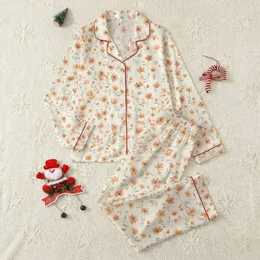 Women's Cream Painterly Orange Peach Floral Green-Grey Watercolor Botanical Pattern Satin Pajamas Set