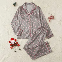 Women's Soft Grey Pastel Pink Whimsical Scattered Five-Pointed Stars Satin Pajamas Set