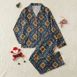Women's Intricate Hand-Drawn Tribal Geometric Pattern Navy Burnt Orange Golden Yellow Teal Satin Pajamas Set
