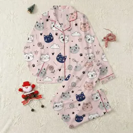 Cat Lovers' Whimsical Hand-Drawn Cartoon Cat Faces in Dark Blue, Grey, Peach Pink & White on Soft Pink, with Paw Prints, Hearts, & Yarn Balls Pattern Satin Pajamas Set