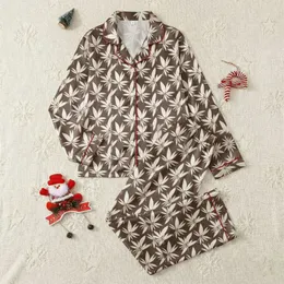 Women's Seamless Cocoa Brown & Creamy Off-White Stylized Tropical Foliage Satin Pajamas Set
