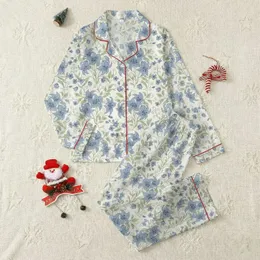 Women's Dusty Blue Bell Lily & Sage Green Foliage Vintage Botanical Pattern on Cream Off-White Satin Pajamas Set