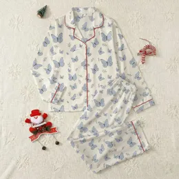 Women's Elegant Muted Blue-Grey Illustrative Butterfly Botanical Pattern on Pale Beige Satin Pajamas Set