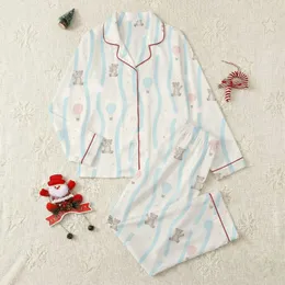Women's Creamy Off-White Pastel Blue Wavy Cloud Stripe with Gentle Teddy Bear Hot Air Balloon Pattern Satin Pajamas Set