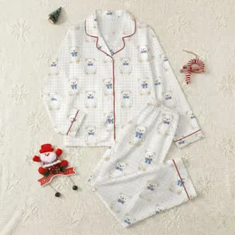 Women's Creamy Off-White Ecru Checkered Grid Whimsical Plump Teddy Bear Hand-Stitched Motif with Blue Plaid Bowties Satin Pajamas Set