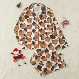 Women's Whimsical Ginger-Brown Highland Calf Cartoon with White & Dark Brown Hide Pattern Satin Pajamas Set