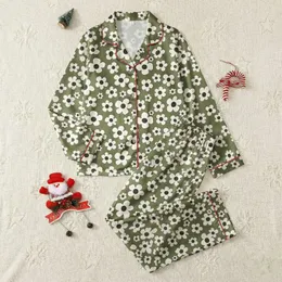 Women's Deep Olive Green White Four-Petal Floral Scatter Print with Black Centers Satin Pajamas Set
