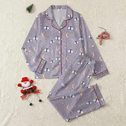 Women's Muted Lavender Peach Flat Graphic Crescent Moon Star Moth Pattern Satin Pajamas Set