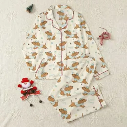 Dachshund Lovers' Cute Cream Puppy Print: Blue Berets, Plaid Sweaters, Positive Hand-Drawn Design Satin Pajamas Set
