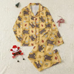 Playful Bear Enthusiast Cartoon Bears, Honey Jars, Autumn Leaves Golden Sepia Checkerboard Pattern Satin Pajamas Set