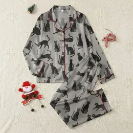 Women's Distressed Stone Grey Hand-Drawn Charcoal Cat Silhouettes Yellow Eyes Satin Pajamas Set
