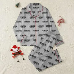 Adults' Heather Grey Repeating Black White Collegiate LONDON URBAN LIFE Typographic Pattern Satin Pajamas Set