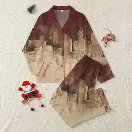 Women's Painterly Grunge City Skyline Abstract Distressed Red-Brown Beige Ombre Satin Pajamas Set