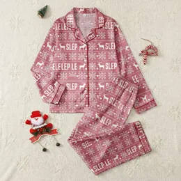 Women's Muted Rose Pink White Nordic Folk Art Reindeer Snowflake Geometric 'SLEEP' Pattern Satin Pajamas Set