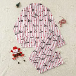 Women's Playful Hand-Drawn Pastel Pink White Vertical Stripe with Black 'Love' Script & Red Hearts Satin Pajamas Set