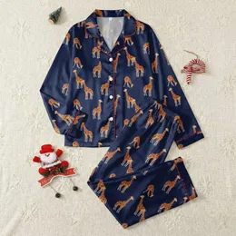 Giraffe Lovers' Vibrant Navy Blue Rusty Orange Illustrative Giraffe Pattern Satin Pajamas Set