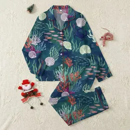 Ladies' Illustrative Underwater World Pattern with Seashells, Fish, and Coral in Blue, Teal, Purple Satin Pajamas Set