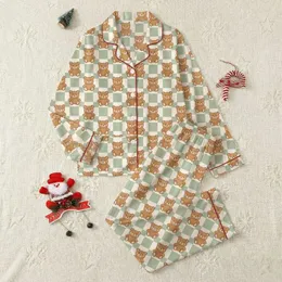 Women's Whimsical Cartoon Teddy Bear Gingham Pattern with Muted Sage Green & Cream Satin Pajamas Set