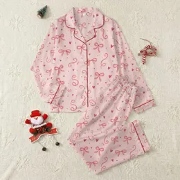 Women's Whimsical Hand-Drawn Rose Fuchsia Ribbon Bow Heart Pattern on Pastel Pink Satin Pajamas Set