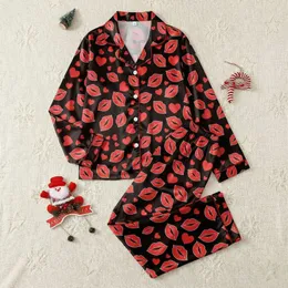 Women's Bold Red Lipstick Kiss Marks & Scattered Hearts Graphic Art on Black Satin Pajamas Set