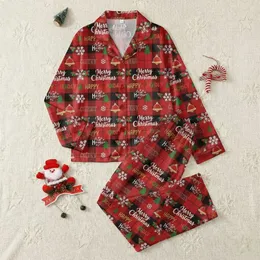 Women's Festive Red Black Tartan Plaid Merry Christmas Script Holly Gold Ornament Pattern Satin Pajamas Set