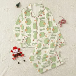 Women's Whimsical Cream Light Green Monster, Orange Star & Red Heart FUN TIME Pattern Satin Pajamas Set