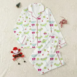 Women's Whimsical Martini Margarita Champagne Glass Fuchsia Pink Lime Design Satin Pajamas Set