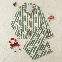 Nature Lover's Muted Olive Green Vertical Stripe Daisy Heart Satin Pajamas Set