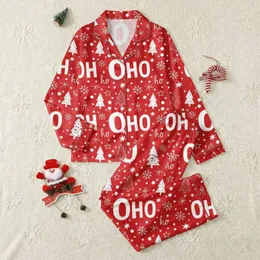 Women's Cheerful Christmas Red 'OH HO ho' Text, White Snowflakes & Abstract Trees Satin Pajamas Set