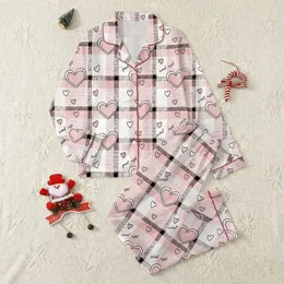 Women's Soft Pink & Charcoal Plaid Pattern with Cute Hearts & Sweet Dreams Text Satin Pajamas Set