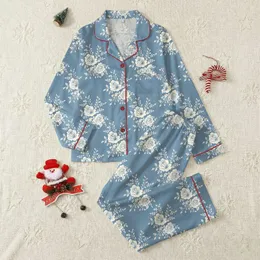 Women's Elegant Rose Bloom: Dusty Blue & White Painterly Botanical Pajama Set Satin Pajamas Set