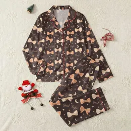 Women's Deep Charcoal Brown Whimsical Peach Beige Bows, "Good Night" Script, Star & Moon Pattern Satin Pajamas Set