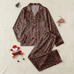 Nature-Inspired Rose Pink Fawn Berry Scatter on Deep Chocolate Brown Custom Print Satin Pajamas Set