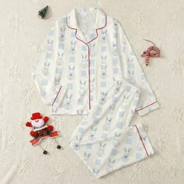 Cozy Comfort Lovers' Creamy Off-White Soft Baby Blue Rabbit Bow Cable Knit Pattern Satin Pajamas Set