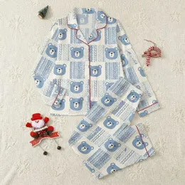 Women's Dusty Blue & Cream Playful Bear Face Scattered Cable Knit Seamless Pattern Satin Pajamas Set