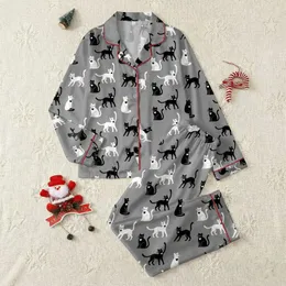 Women's Heather Grey Minimalist Flat Illustration Black & White Cats & Heart Pattern Satin Pajamas Set