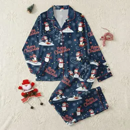 Women's Festive Cartoon Penguin Winter Play Pattern with Red Merry Christmas Text, Navy Blue, White Snowflakes, Golden Stars Satin Pajamas Set