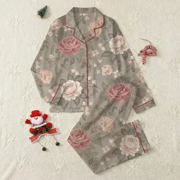 Women's Elegant Botanical Rose Garden Design: Dusty Rose Peach & Greige Blooms Kid Satin Pajamas Set