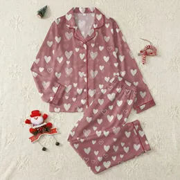 Whimsical Dreamer: Dusty Rose Scattered White Hearts Outline Design Satin Short-Sleeve Pajamas Set