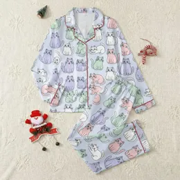 Cat Lover's Pastel Cartoon Cats: Winking Curious Kitten Print Design Satin Short-Sleeve Pajamas Set