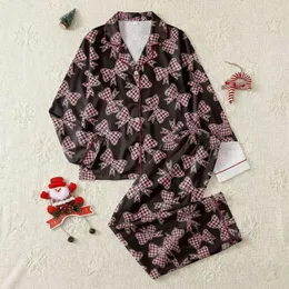 Chic Style Pink Plaid Bows Seamless Pattern on Black Item Satin Short-Sleeve Pajamas Set