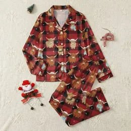 Highland Cow Lover's Festive Design: Whimsical Plaid Christmas Cows with Holly & Hats Satin Pajamas Set
