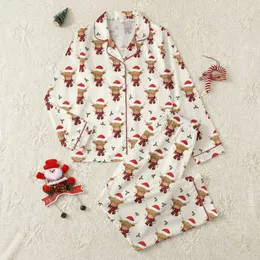 Women's Whimsical Highland Cow Heads Red Santa Hat Plaid Scarf Multi-Color Christmas Lights Snowflakes Holly Pattern Satin Pajamas Set