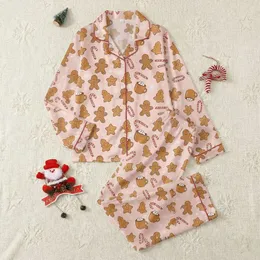 Women's Soft Pink Hand-Drawn Gingerbread Hot Cocoa Cookie Snowflake Pattern Satin Pajamas Set