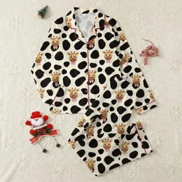 Women's Creamy Beige Abstract Black Giraffe Spots with Cheerful Brown Giraffe Heads & Pink Bows Satin Pajamas Set