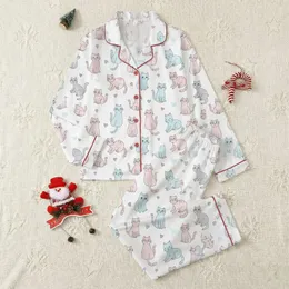 Women's Whimsical Hand-Drawn Cartoon Cats Pastel Pink Blue Grey White Outline Pattern Satin Pajamas Set